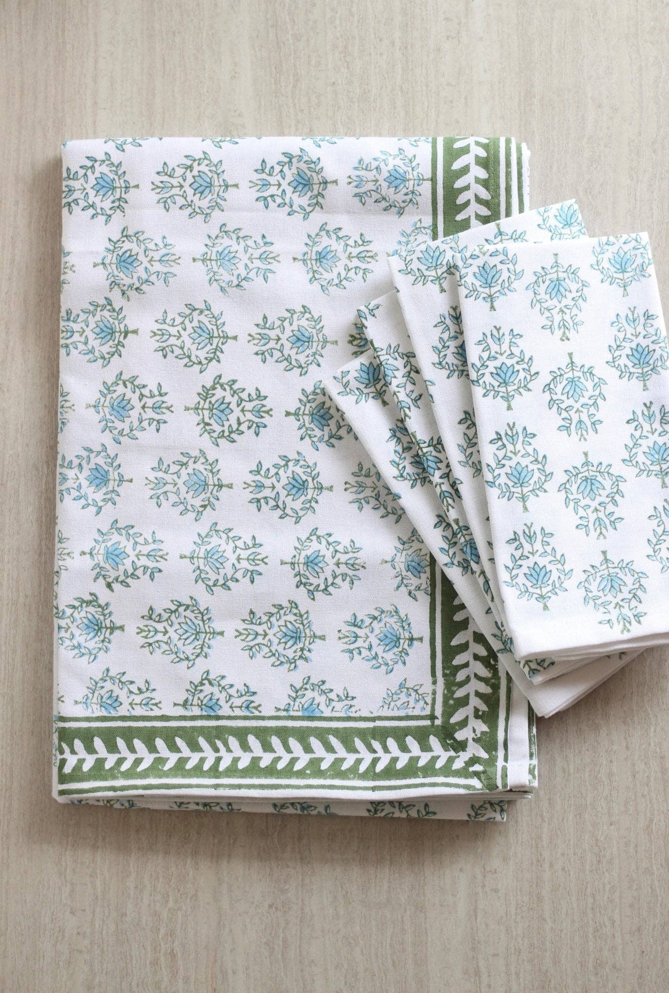 Mended - Table Throw - Lotus, Sage & Uniform Blue with Sage Vine Border
