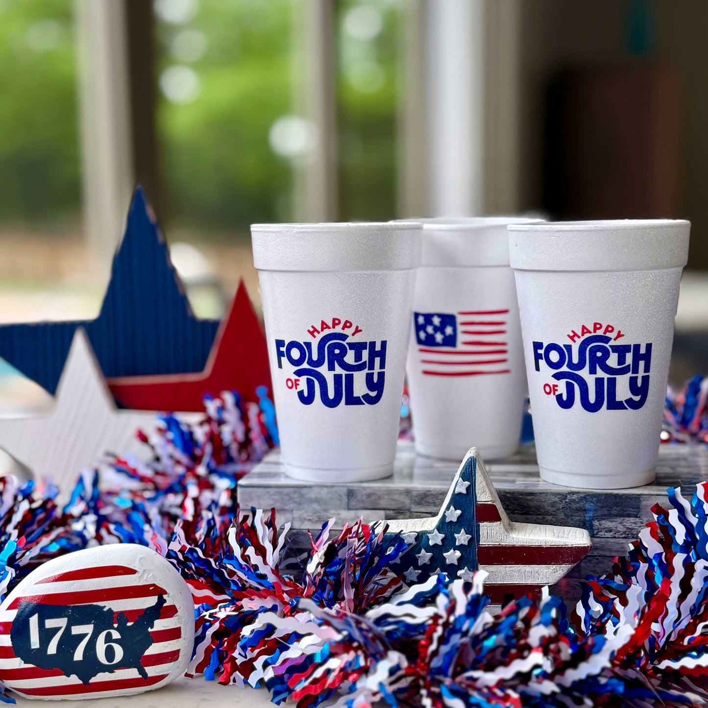 July 4th/Patriotic--Happy 4th with Stripes Foam Cup (10 ct)