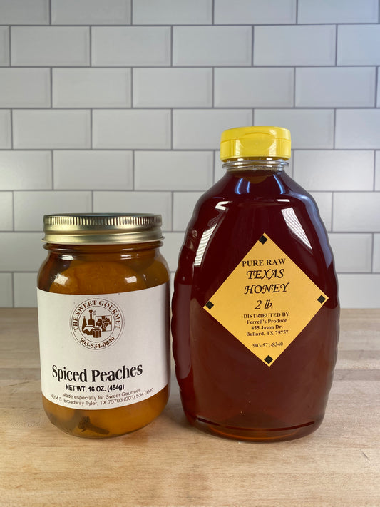Pure Raw Texas Honey + Sweet Gourmet Spiced Peaches