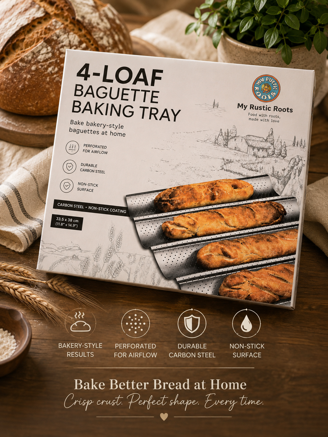My Rustic Roots - 4-Loaf Baguette Baking Tray Non Stick