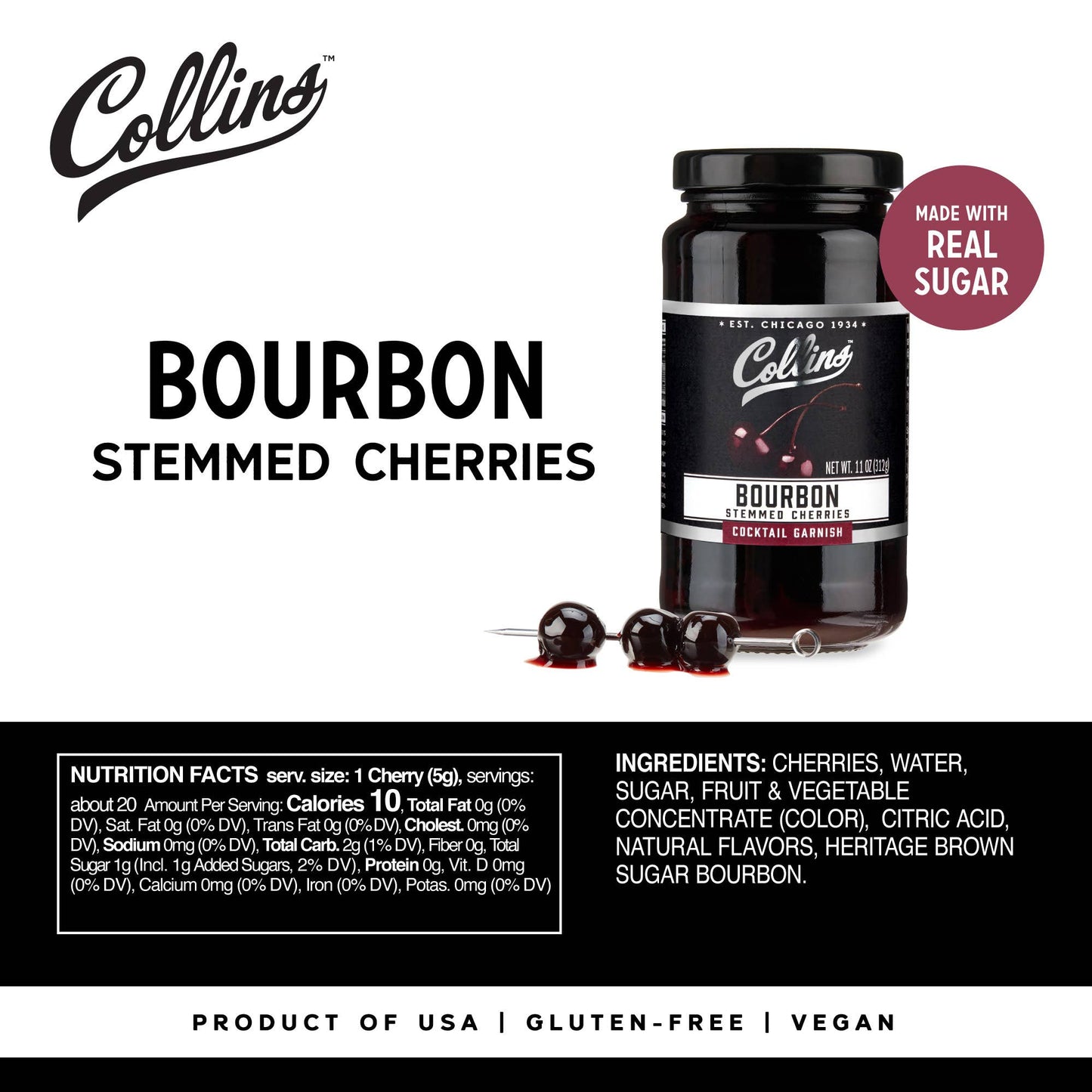 Collins - Bourbon Soaked Stemmed Cherries Cocktail Garnish 11 oz