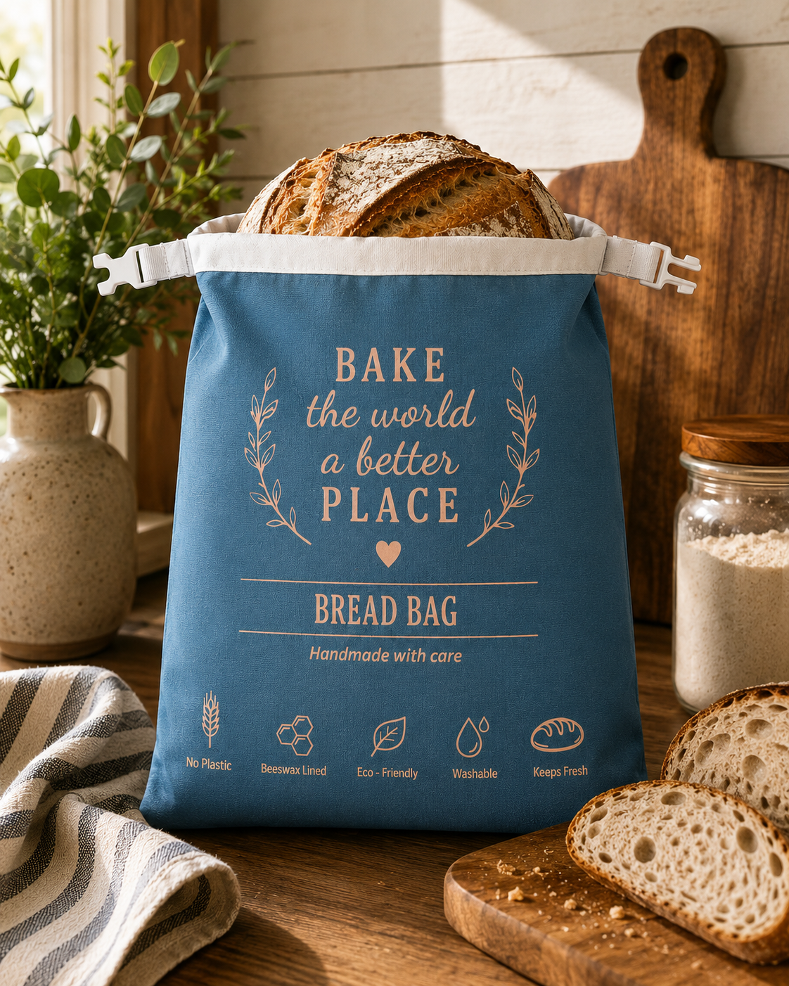 My Rustic Roots - Bake The World A Better Place Bread Bag (Beeswax Lined)