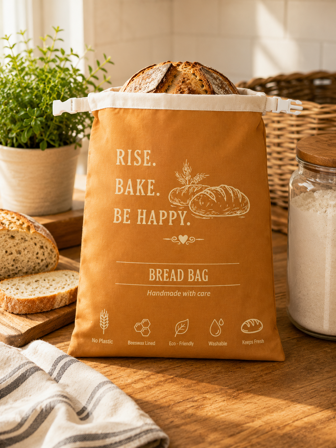 My Rustic Roots - Rise. Bake. Be Happy. Beeswax-Lined Bread Bag