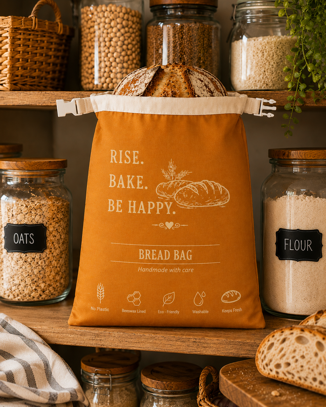 My Rustic Roots - Rise. Bake. Be Happy. Beeswax-Lined Bread Bag