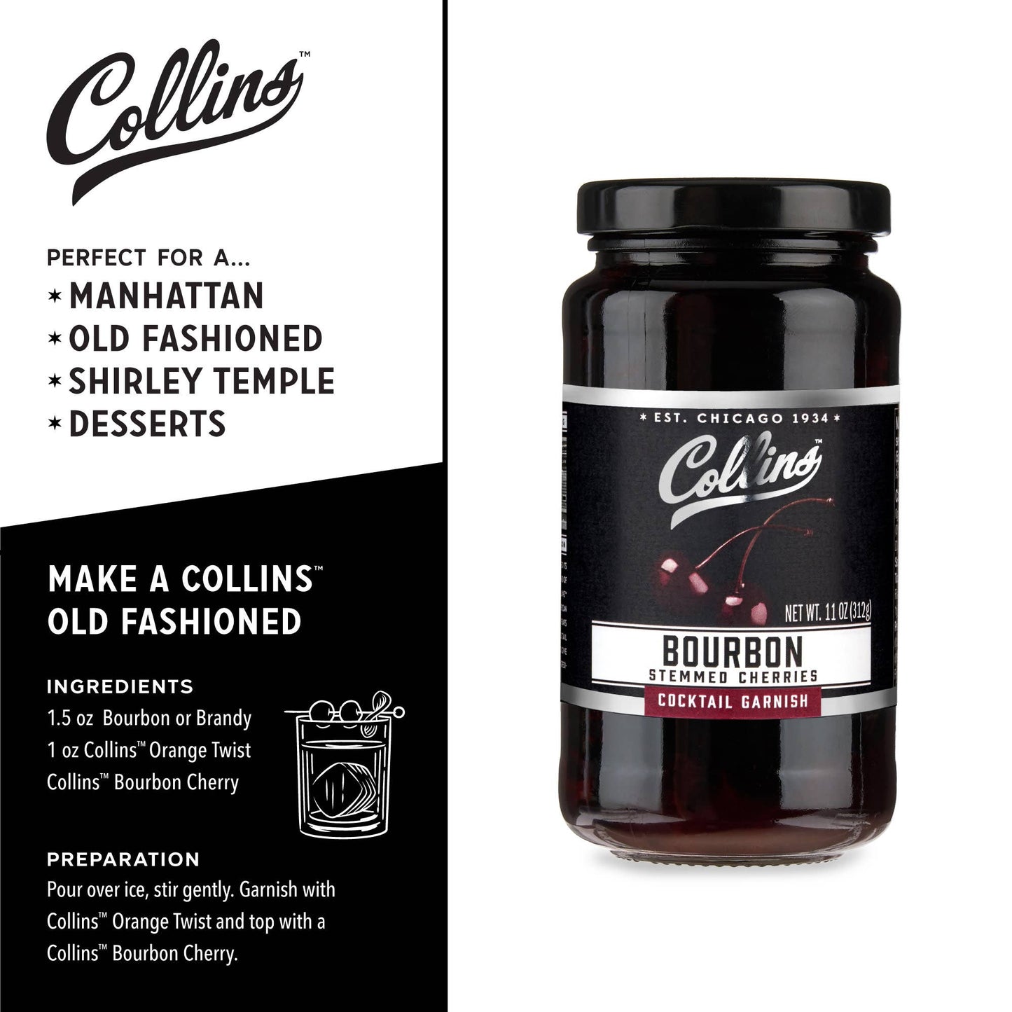 Collins - Bourbon Soaked Stemmed Cherries Cocktail Garnish 11 oz