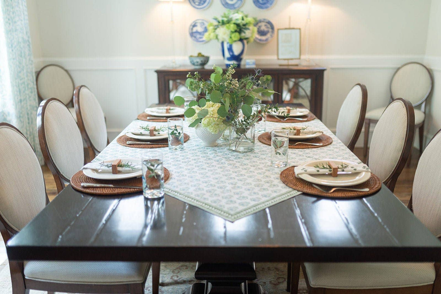 Mended - Table Throw - Lotus, Sage & Uniform Blue with Sage Vine Border