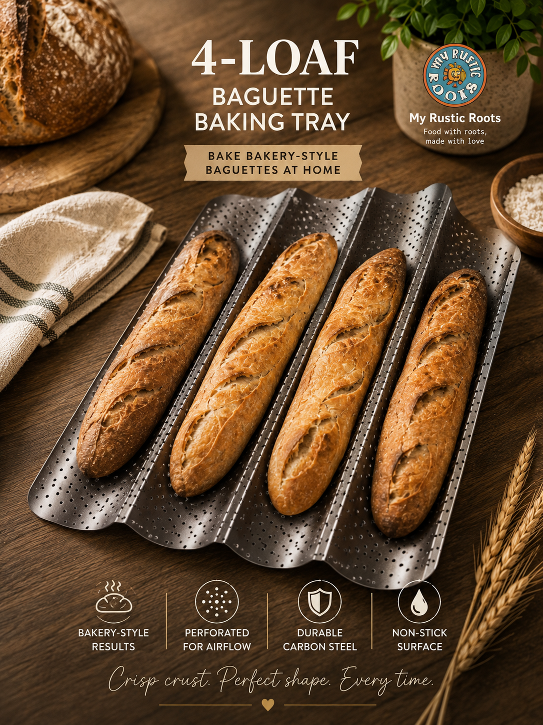 My Rustic Roots - 4-Loaf Baguette Baking Tray Non Stick