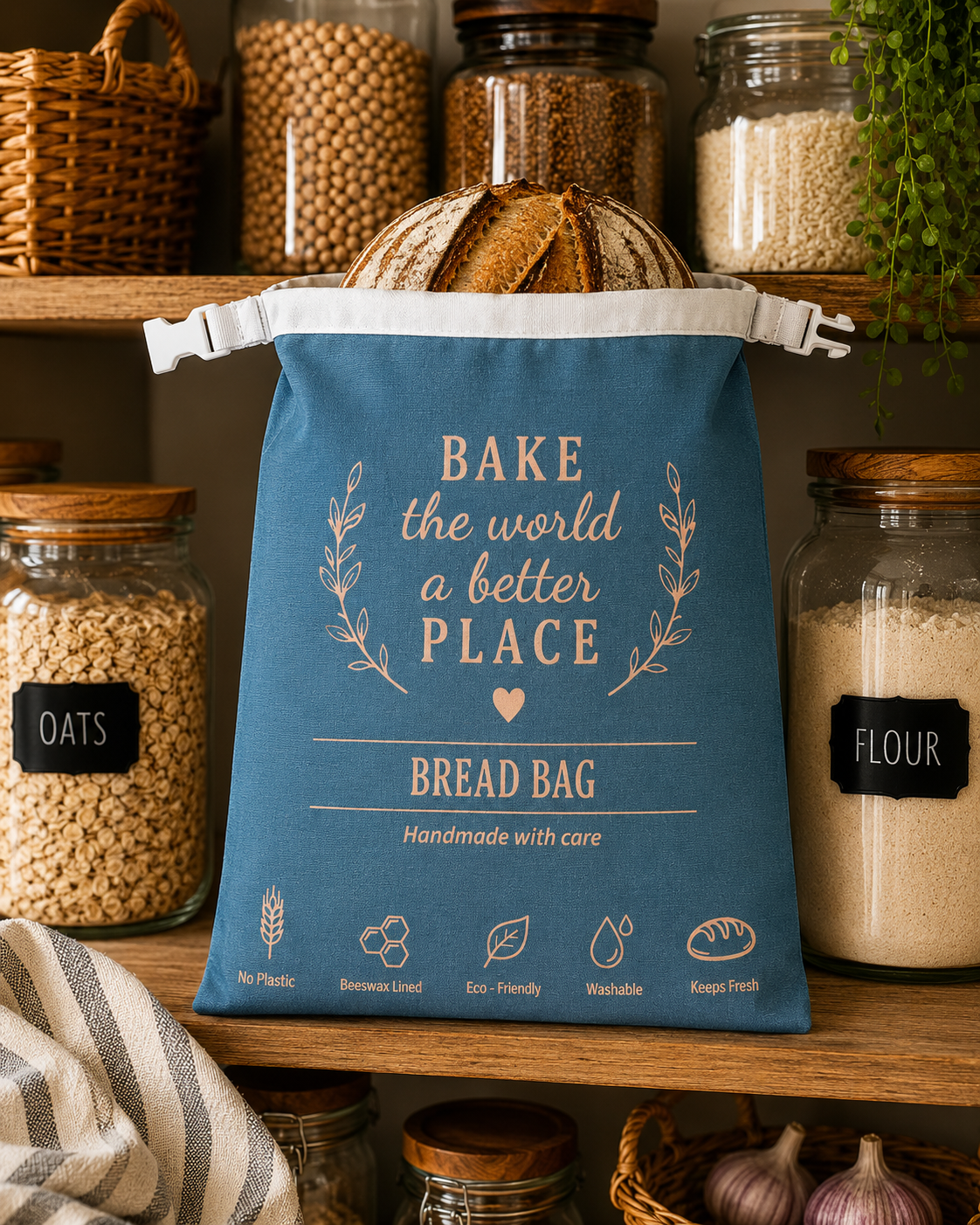My Rustic Roots - Bake The World A Better Place Bread Bag (Beeswax Lined)