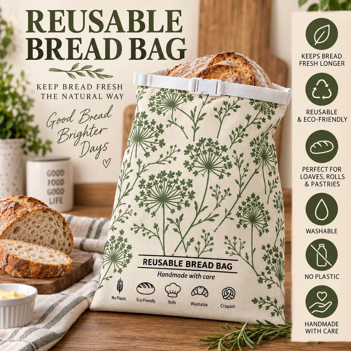 My Rustic Roots - Wishing Wisps in the Green Meadows Reusable Bread Bag