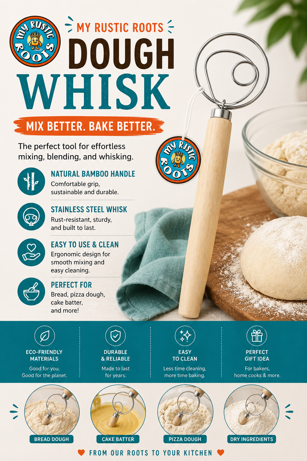 My Rustic Roots - 13" Danish Dough Whisk with Wood Handle - Single Loop