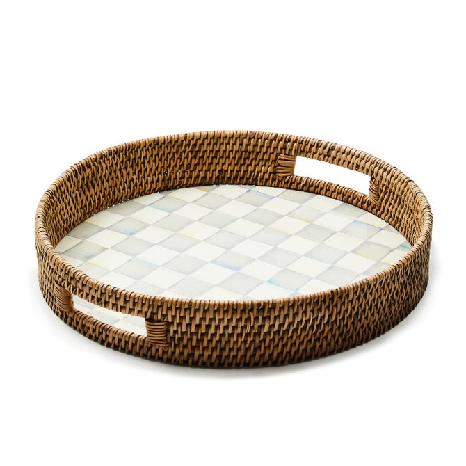 Enamel & Rattan Round Serving Tray