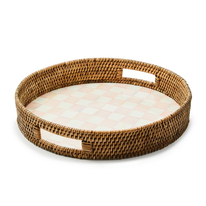 Enamel & Rattan Round Serving Tray