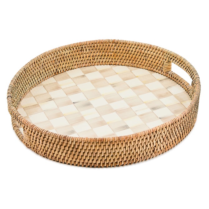 Enamel & Rattan Round Serving Tray