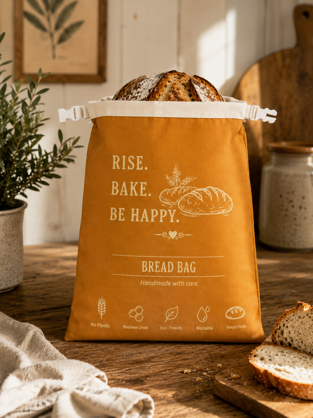 My Rustic Roots - Rise. Bake. Be Happy. Beeswax-Lined Bread Bag