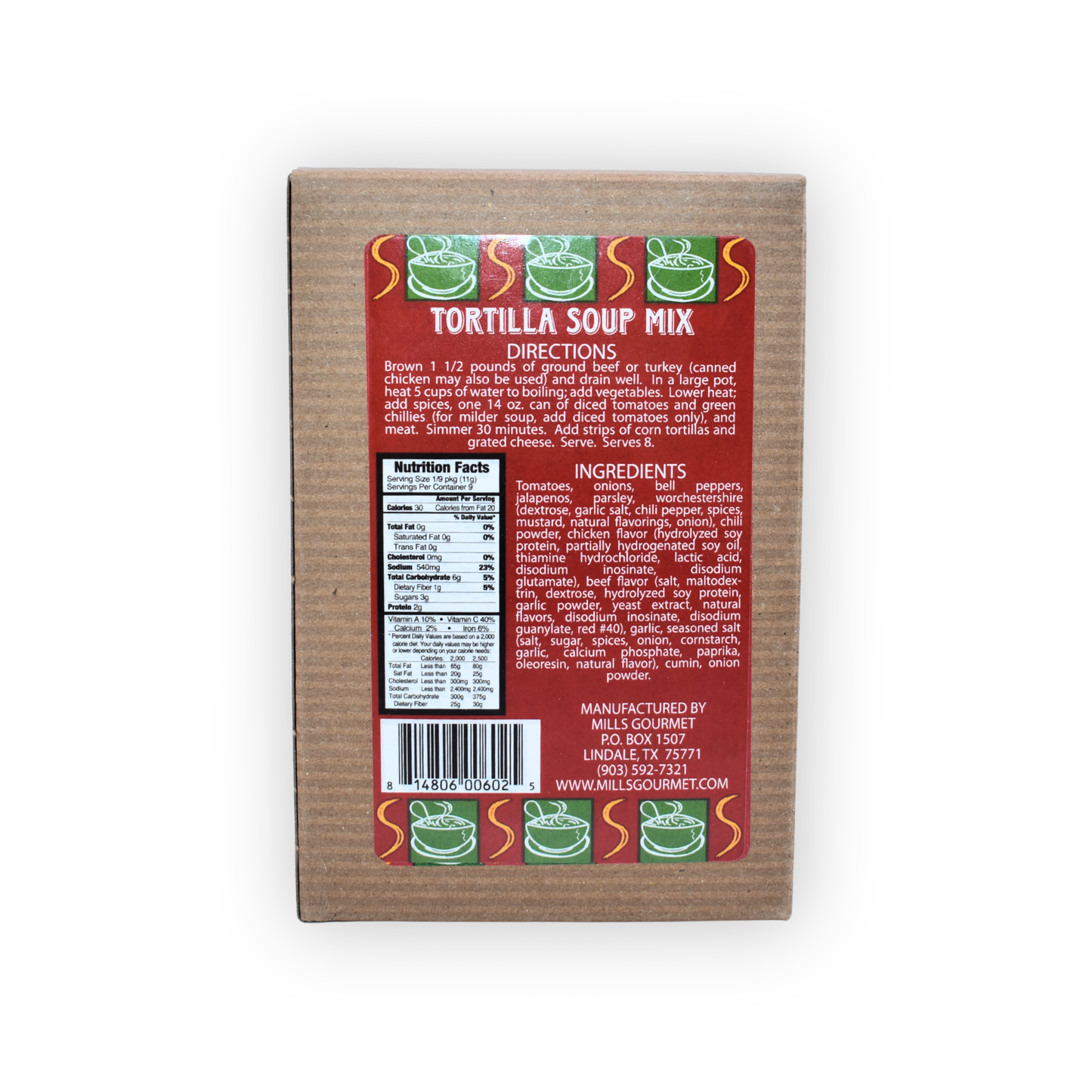 Mills Gourmet - Soup Mix - Tortilla Soup - 8 Bowls - 4 oz Box