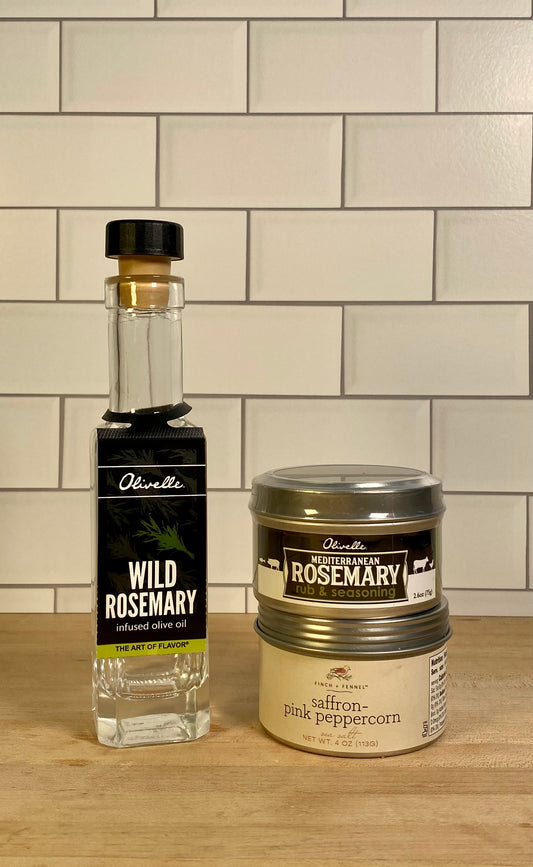 Olivelle Rosemary Olive Oil + Mediterranean Rosemary Rub & Seasoning + Saffron-pink Peppercorn