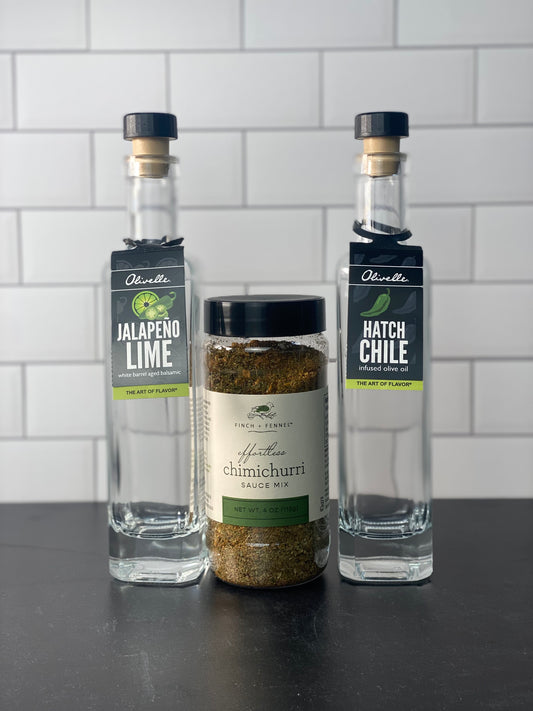 The perfect Lamb rub trio - Olivelle Jalapeno Lime Balsamic, Green Chili Olive Oil + Chimichurri Sauce Mix