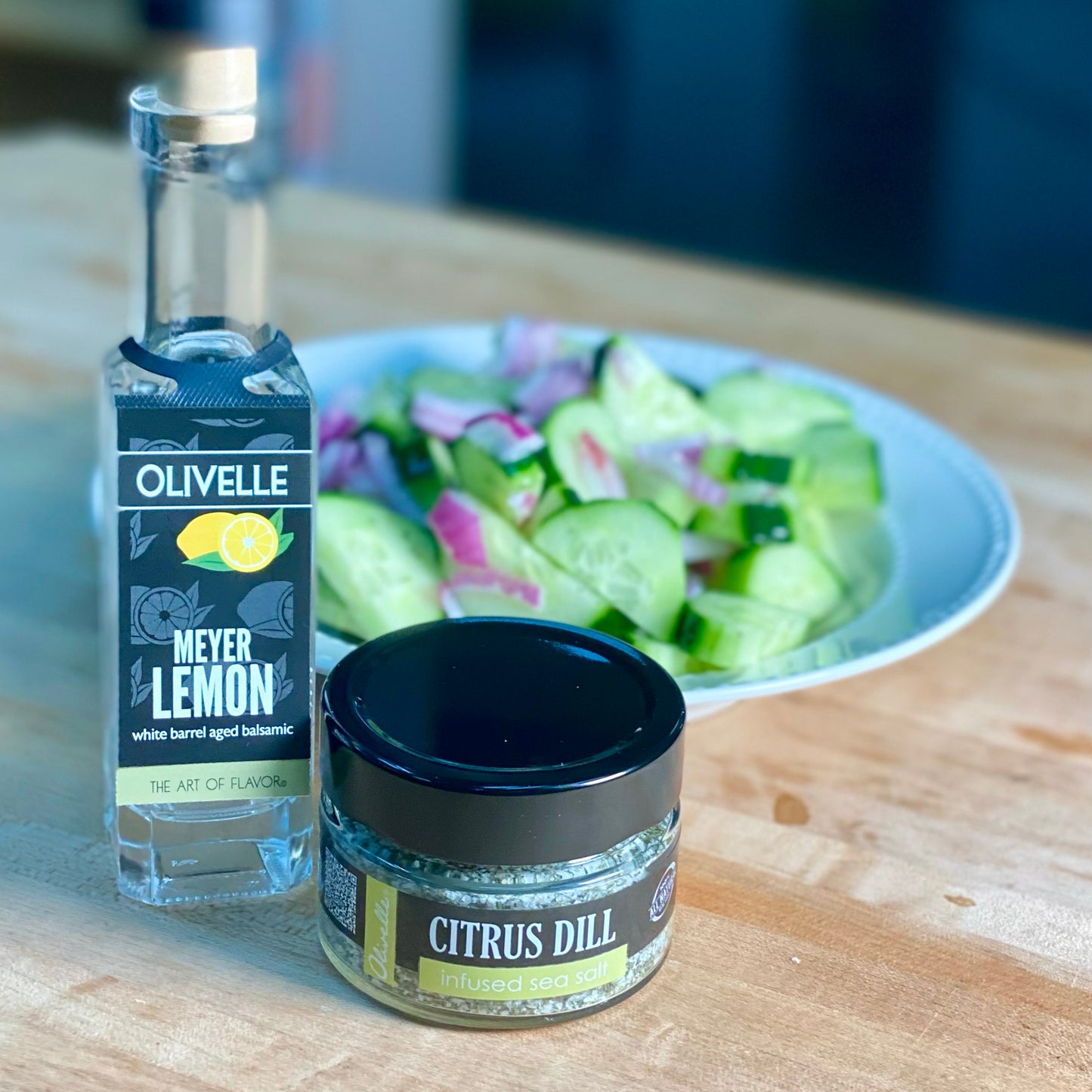 Cucumber Salad "Kit" :  Olivelle Citrus Dill Salt, Olivelle Meyer Lemon White Barrel Aged Balsamic