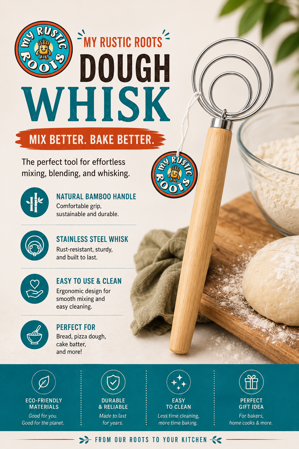 My Rustic Roots - 13" Danish Dough Whisk with Wood Handle - Large Loop