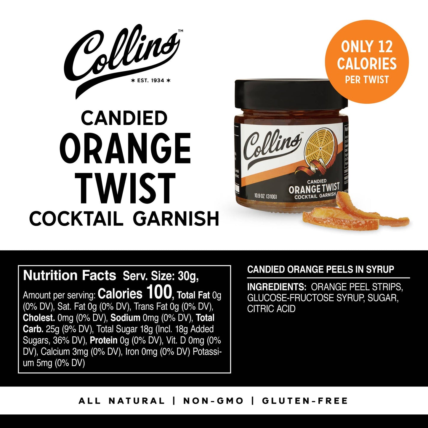Collins - Italian Candied Orange Peel Twist Cocktail Garnish 10.9 oz