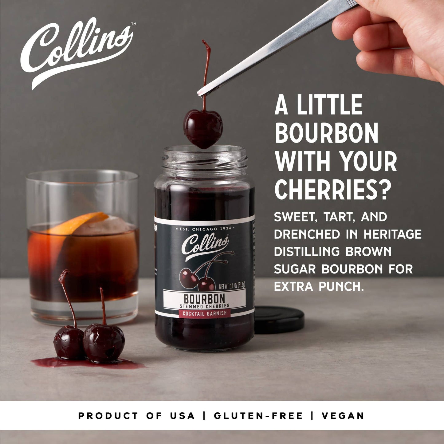 Collins - Bourbon Soaked Stemmed Cherries Cocktail Garnish 11 oz