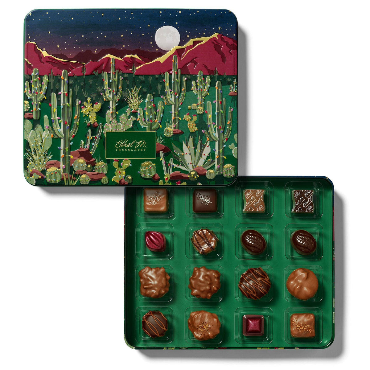 Ethel M Chocolates - LIMITED PREMIUM 16-PIECE HOLIDAY CACTUS LIGHTS TIN