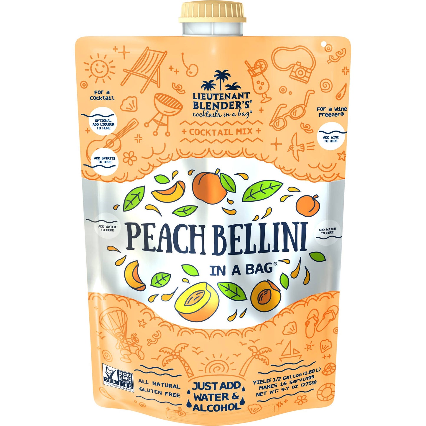 Lieutenant Blender's Cocktail Mixes - Peach Bellini in a Bag® Cocktail / Mocktail Slushie Mixer