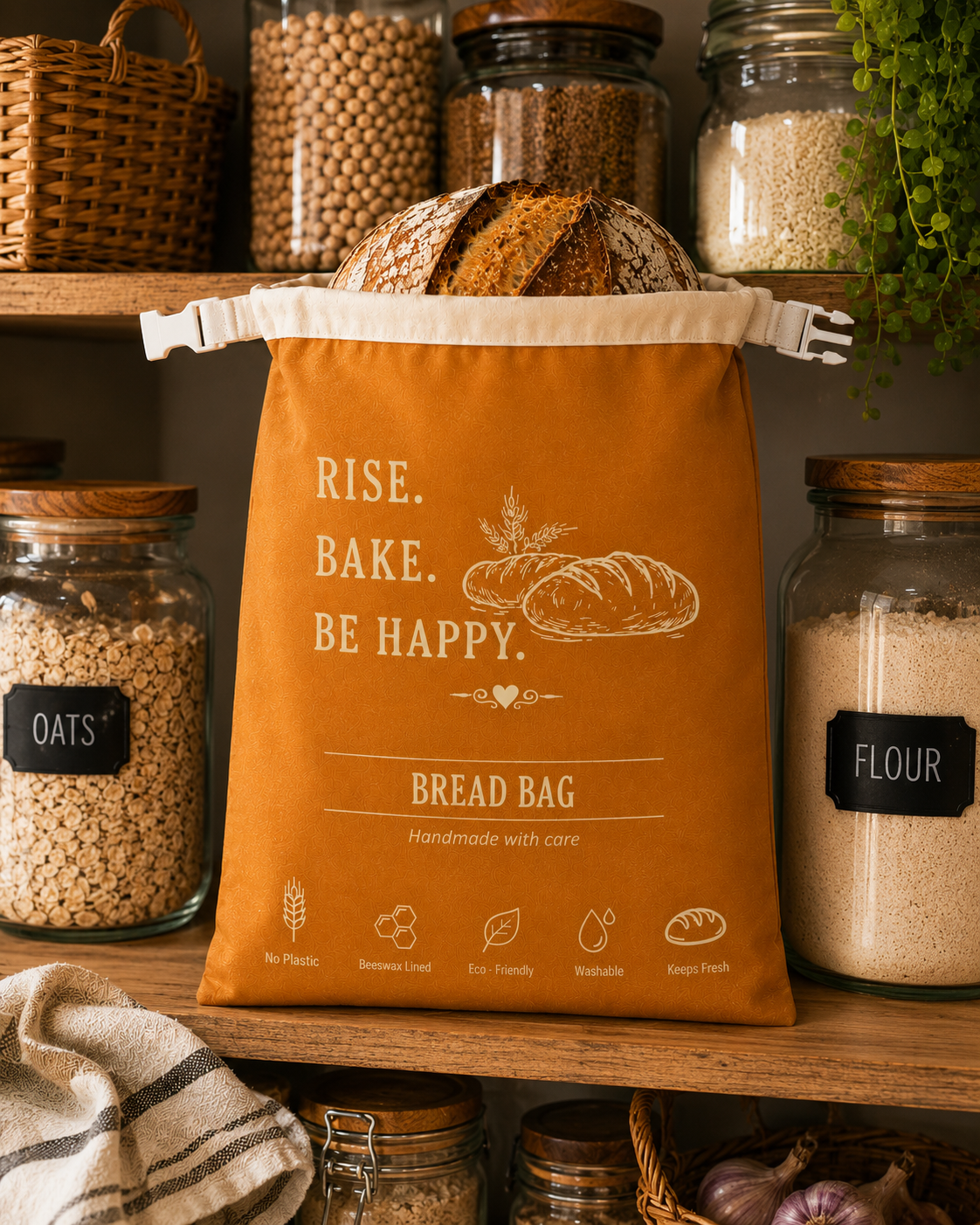 My Rustic Roots - Rise. Bake. Be Happy. Beeswax-Lined Bread Bag