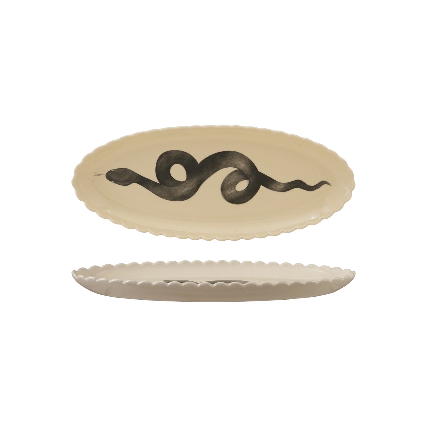 Oval Stoneware Scalloped Platter with Snake White & Black