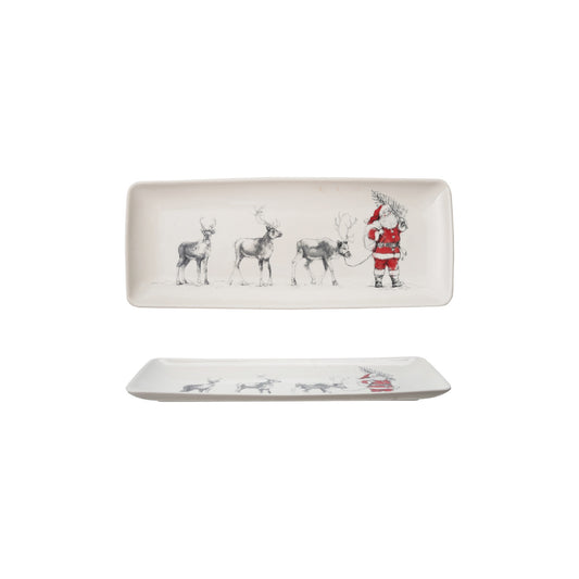 Stoneware serving Platter Santa Leading Reindeer