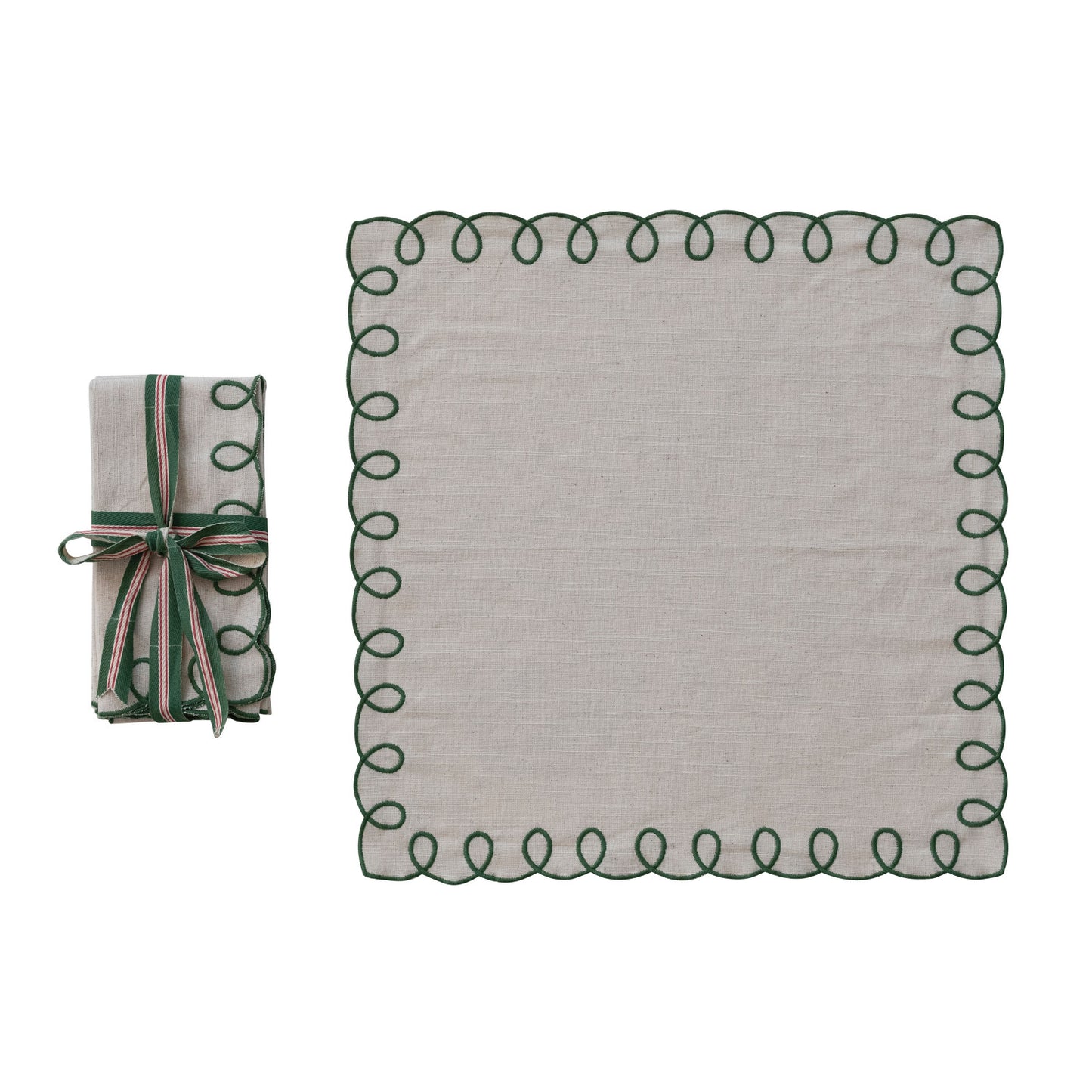 Set of 4 Cotton Scalloped Napkins with Embroidered Edges