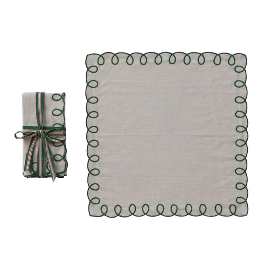 Set of 4 Cotton Scalloped Napkins with Embroidered Edges