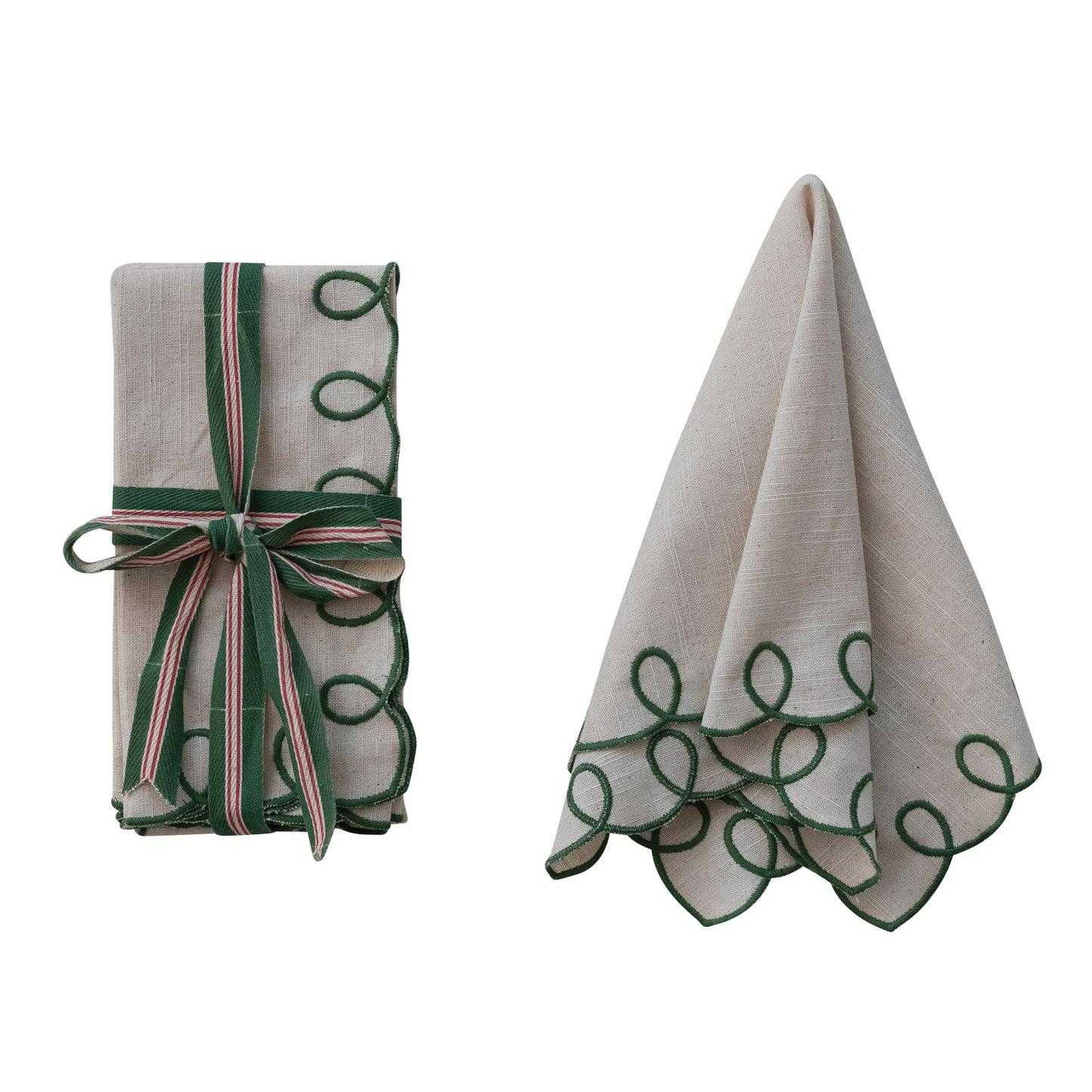 Set of 4 Cotton Scalloped Napkins with Embroidered Edges